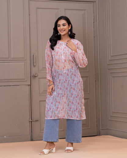 Elegant Pastel Printed Kurta with Denim Fusion