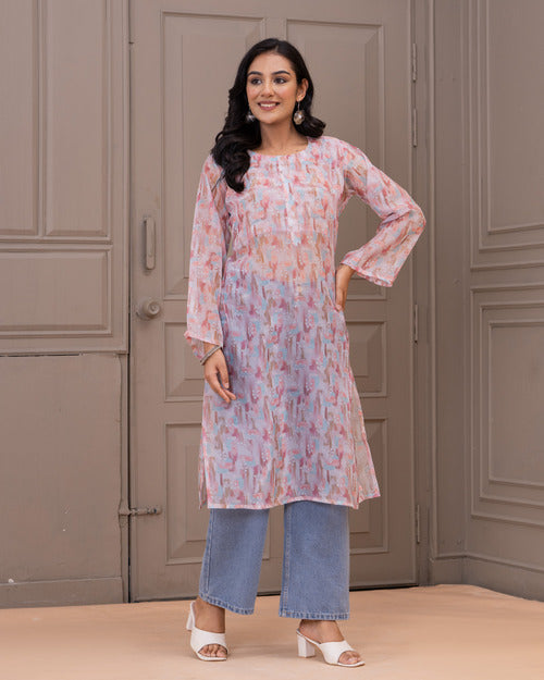 Elegant Pastel Printed Kurta with Denim Fusion