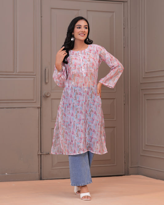Elegant Pastel Printed Kurta with Denim Fusion