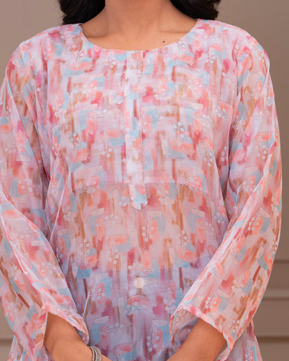 Elegant Pastel Printed Kurta with Denim Fusion